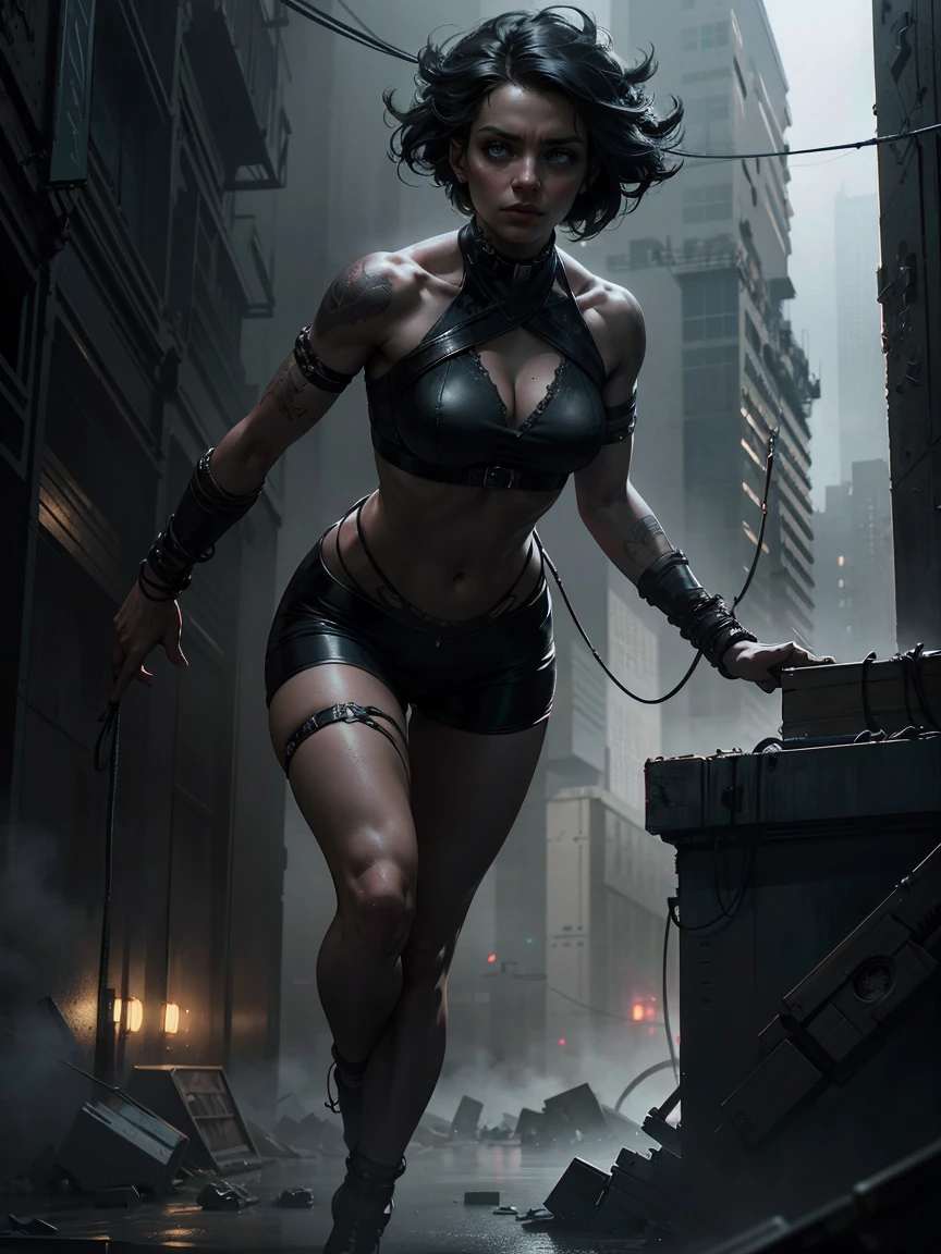 a young woman, ropes coiled around her wrists and ankles, intense expression, dramatic lighting, dystopian atmosphere, moody colors, cinematic composition, highly detailed, realistic, photorealistic, hyper detailed, 8k, best quality, masterpiece