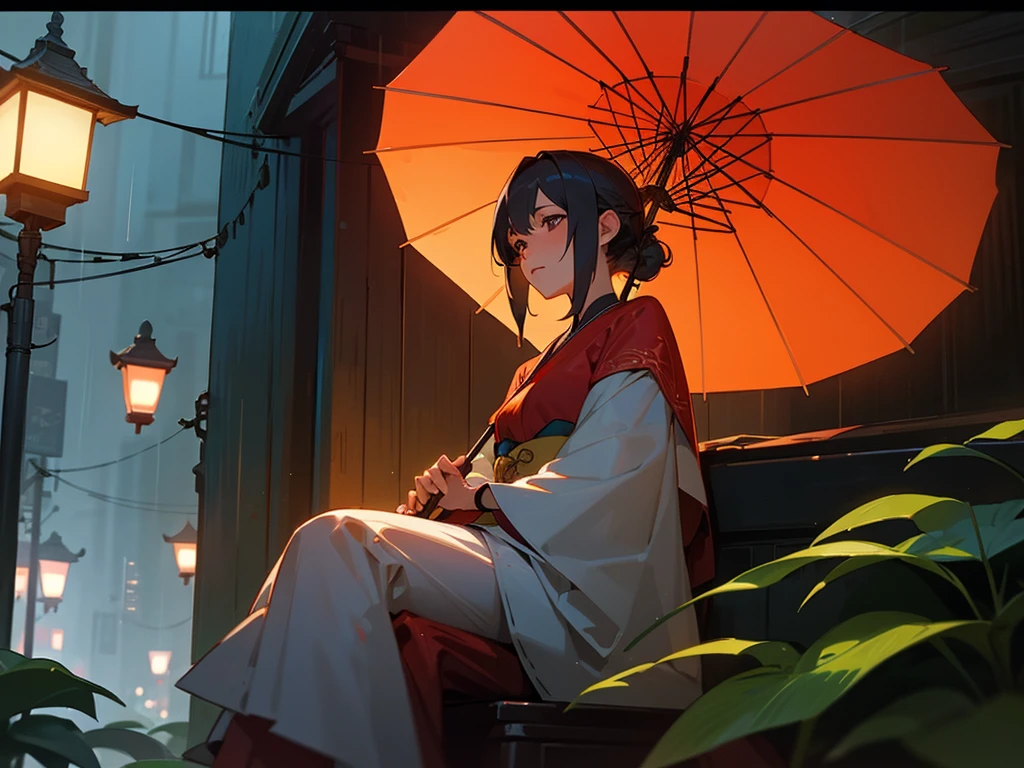 A woman sitting at a table under a red umbrella on a rainy night in a city street, with lanterns and plants around her, in the style of an anime or illustration, with a detailed, photorealistic, cinematic look.