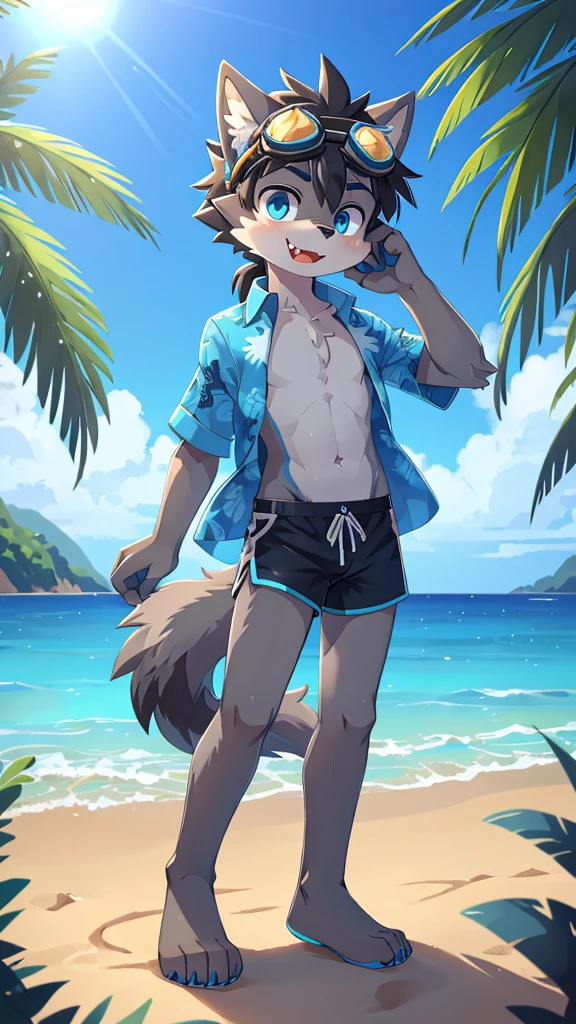 Furry shota, wolf, black hair, long spiky ponytail, blue eyes, detailed body fur, ((goggles, blue hawaiian shirt, open clothes, black swim trunks)), looking at you, fangs, clear grey body fur, detailed face, big eyebrows, detailed eyes, detailed body, detailed body fur, detailed hands, flat body, glistering body, shiny body, skinny, glow throughout the scene, gorgeous body, solo, :3, feets with three toes, full body, beach, clear sky, adjusting goggles,