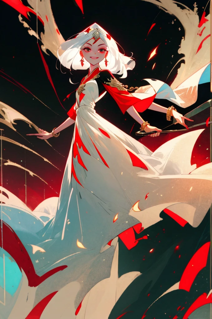 (simple hands:0.5)+(detailed hands:0.7), (masterwork), (best quality), white hair, red eyes, oriental dress, knight, 1girl, pale skin, white hair, red eyes, two tone hair, eyelashes, bracelet, jewelry, smile, gleaming skin, shiny hair, detailed and majestic stage, Fantasy, Long Hair, 1 girl, full body, colorful dress,