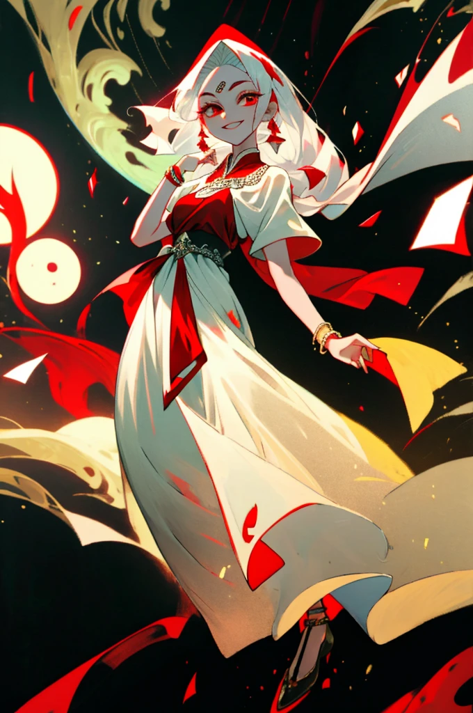 (simple hands:0.5)+(detailed hands:0.7), (masterwork), (best quality), white hair, red eyes, oriental dress, knight, 1girl, pale skin, white hair, red eyes, two tone hair, eyelashes, bracelet, jewelry, smile, gleaming skin, shiny hair, detailed and majestic stage, Fantasy, Long Hair, 1 girl, full body, colorful dress,