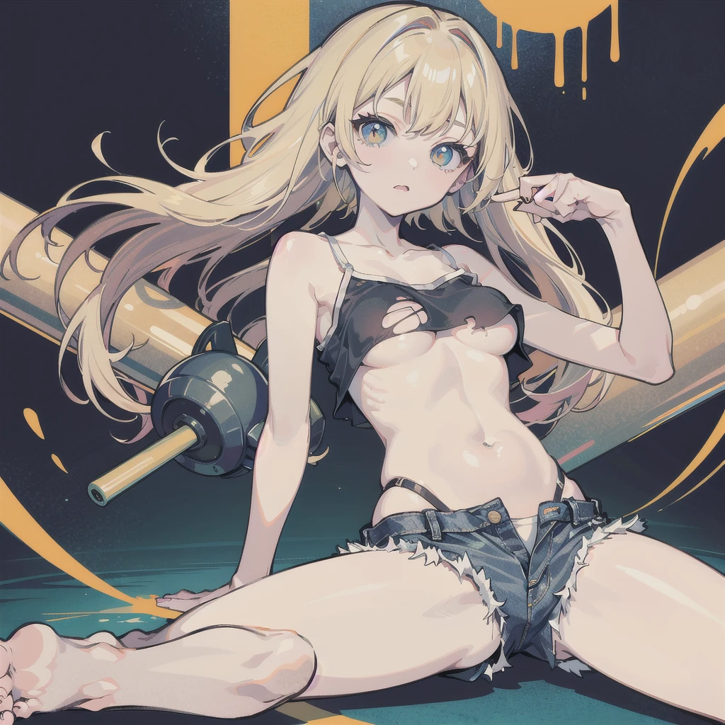 (woman)(child)(15 years old)，(young)，Baby Face，American，（masterpiece，Highest quality），(Perfect Face)，((stomach))，((Underboob))，(Blonde，long hair)，ボロボロのcamisole，Torn clothes(camisole)，(Underboob)，Damage shorts，Tattered shorts，Flat Chest，(belly button)，belly button出し，stomach，arm，(ミニcamisole)，Micro length(Denim shorts)，(Open button)，(barefoot)，(Metropolis)、