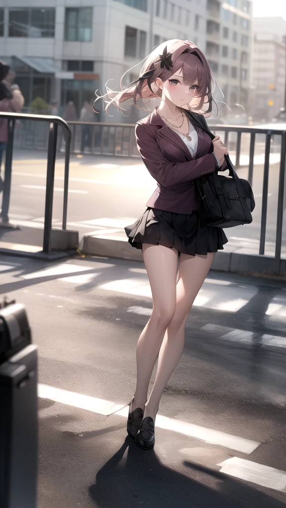 1 girl, best quality, masterpiece, High resolution, [purple|Tiaozi|Green] _hair, Black , hair accessory, necklace, jewelry, pretty face, Expectations, Full body view, actual, outdoor, modern square, two-tone lighting, (Highly detailed skin: 1.2), 8K UHD, DSLR camera, Soft Light, high quality, Volumetric light, confess, photo, High resolution, 4K, 8K, Background blur