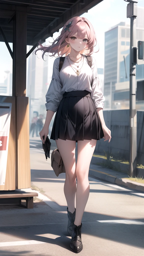 1 girl, best quality, masterpiece, High resolution, [purple|Tiaozi|Green] _hair, Black mini skirt, hair accessory, necklace, jewelry, pretty face, Expectations, Full body view, actual, outdoor, modern square, two-tone lighting, (Highly detailed skin: 1.2), 8K UHD, DSLR camera, Soft Light, high quality, Volumetric light, confess, photo, High resolution, 4K, 8K, Background blur