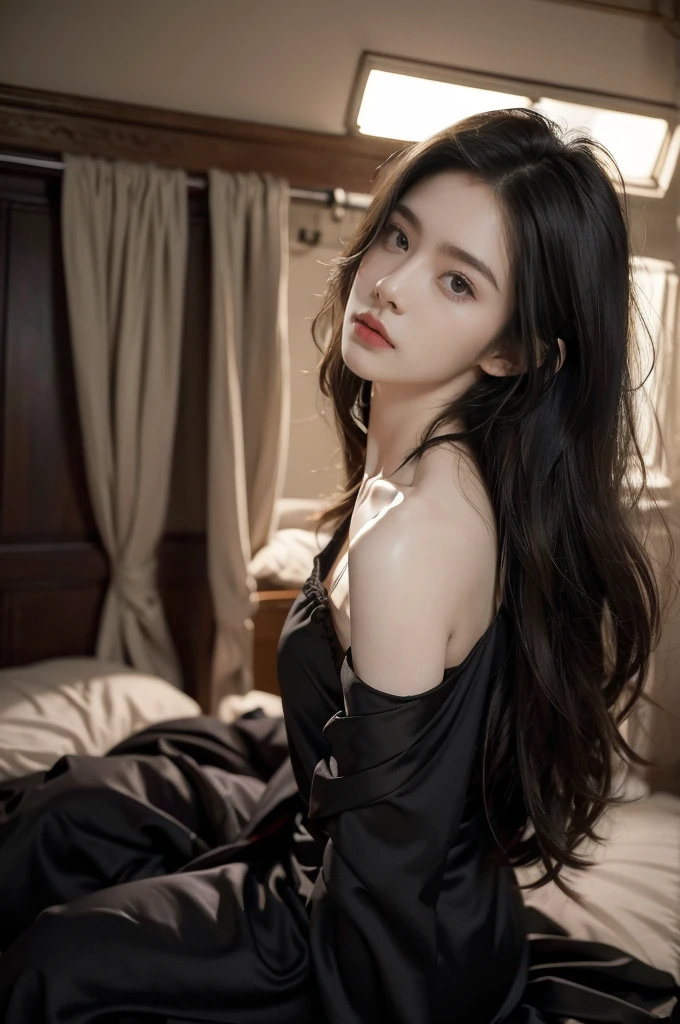 (((best quality))), (((ultra detailed))), (((masterpiece))), illustration,a beautiful girl,solo,slim,thin,messy hair,shoulder length straight bob hair,Dark Circles,Eyes bloodshot,(sad expression:1.3),sitting on the bed,in a bedroom,halter lace nightgown, deep in thought, dimly lit room, soft glow of a digital clock, dark curtains, seclusion and introspection, disheveled hair, shadowed eyes, sleeplessness, delicate features, fragile beauty, pale skin, rouge on cheeks, heavy atmosphere, silence, soft hum of a refrigerator, woman's expression of deep contemplation, searching eyes, capturing the essence of struggle, vulnerability,(dark night scene:1.3),from back,bare back,towering hips,butt crack