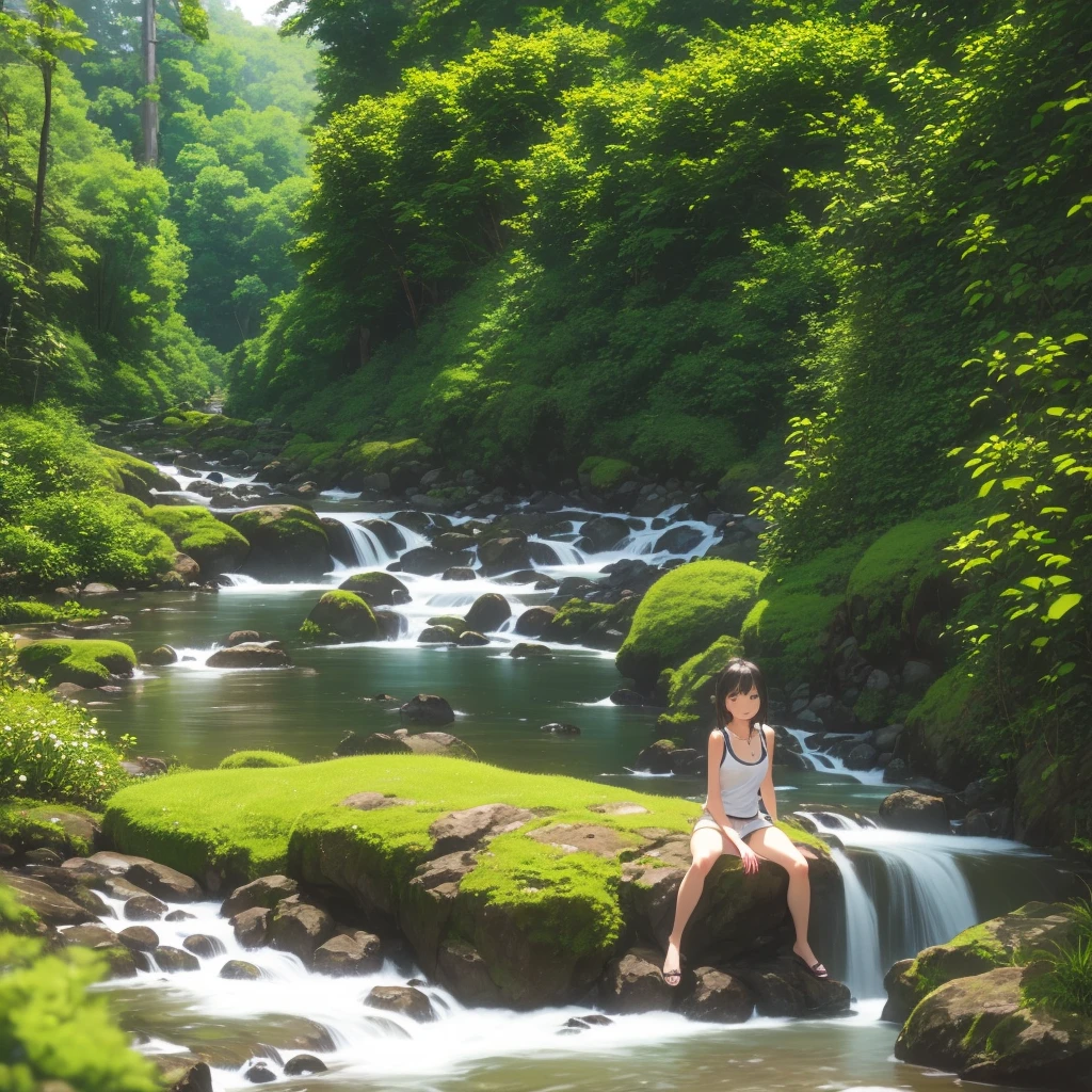 (NSFW、Erotic、sexy、Adult)、Set in a lush mountain landscape、Young woman enjoying nature by playing in a clear mountain stream(彼女はsexyな水着を着ています)。The scene is realistic anime style。The woman is wearing a tank top and shorts.、Standing in the shallows of a stream、Scoop up water with your right hand、Extend your left hand slightly for balance。She has a happy look on her face.。In the background、Mountains covered with green forests々is drawn、wood々々The sun shines softly between the、It casts a warm, natural light on the scene.。The water in the stream is clear、I see rocks below me、The banks are lined with vibrant greenery and wildflowers.。The camera angle is slightly behind and above the woman.、It gives the scene depth and perspective.。When the sunlight hits the water surface and the woman、Has a soft shine effect on your hair&#39;s