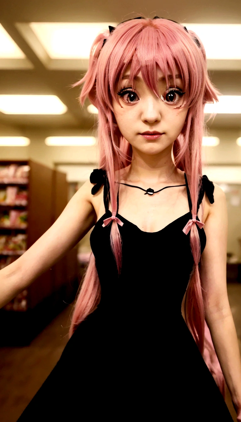 a close up of a person in a dress with pink hair, Chica anime llamada Gasai Yuno, as an cartoon character, anime girl in a black dress, female cartoon character, Mirai Nikki, cartoon character, anime style like destiny/Overnight stay, girl human female pink human, in an anime, ung anime gothic girl of 26 years old, Gasai Yuno