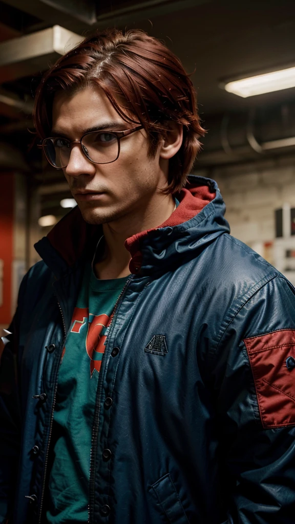 Create a high-resolution image of a male character in a video game style similar to Free Fire. The character must have the following characteristics and clothing details:Hair and Face:Deep red hair, messy hairstyle.Wear round black frame glasses.Serious and focused face.Upper Clothing:Blue jacket with red and turquoise details.The jacket has a futuristic design, with sharp spikes and edges that emanate a bright reddish energy.The jacket is open, showing the character's naked torso, which must be well defined.Lower Clothing:Black tight pants with blue and red details.The pants have a modern design, with geometric lines and patterns in blue and red.Footwear:Futuristic sneakers in blue and red with shiny turquoise soles.accessories:The jacket has shoulder pads with red spikes and turquoise lights.Mittens or gloves of the same futuristic design as the jacket.pose:The character must be in a dynamic pose, with one leg slightly forward as if about to take a firm step.One arm should be extended forward, with his hand open as if he were wielding an invisible energy.The other arm should be bent, with your hand close to your hip.The facial expression should be one of determination, looking towards the horizon.bottom:The background must be a futuristic urban environment, with neon lights and pronounced shadows, creating a night and technological atmosphere.Text:Includes the logo "Free Fire" In the lower right corner.Art Style:Realistic style with accurate details in the character's clothing and posture.Use of vibrant colors and lighting effects to highlight the futuristic details of the clothing.