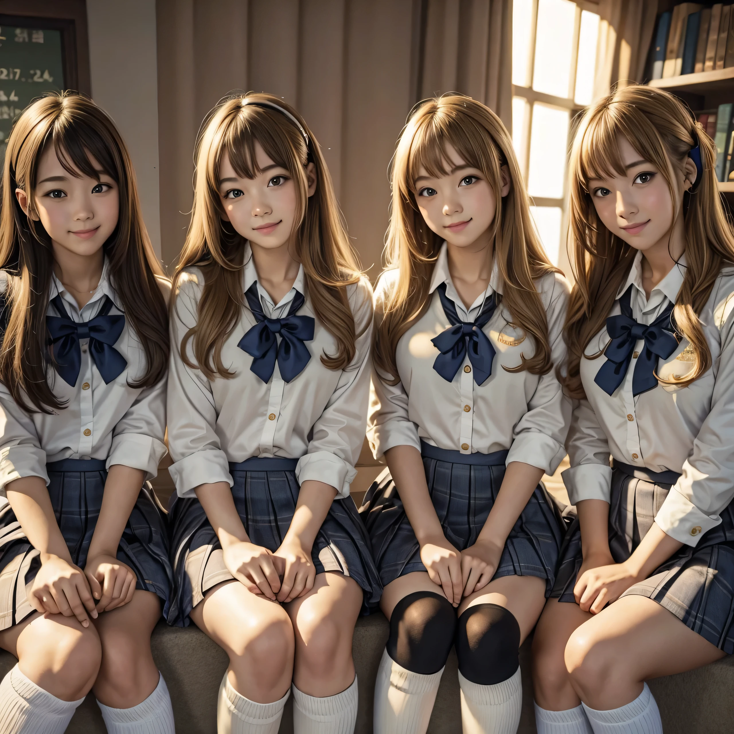 (best quality, masterpiece:1.5), (ultra-detailed, realistic:1.37),4K,(5woman:1.5),japanese,cute,beautiful,(school uniform:1.2),(miniskirt),high socks,smile,(gold curly hair)