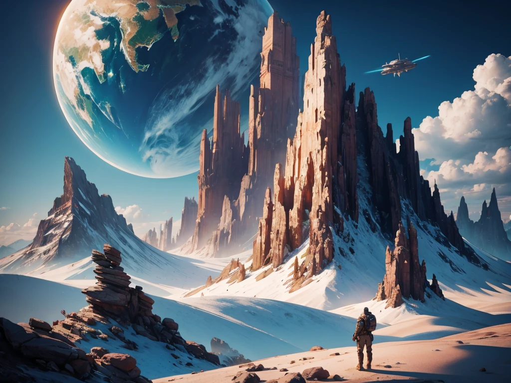 spaceships flying over a mountain with a man and a woman standing on a cliff, epic fantasy sci fi illustration, epic scifi fantasy art, fantasy scifi, sci fi epic digital art, sci-fi fantasy art, award winning scifi art, fantasy sci - fi, sci-fi high fantasy, sci fi artwork, scifi fantasy, sci-fi digital art illustration