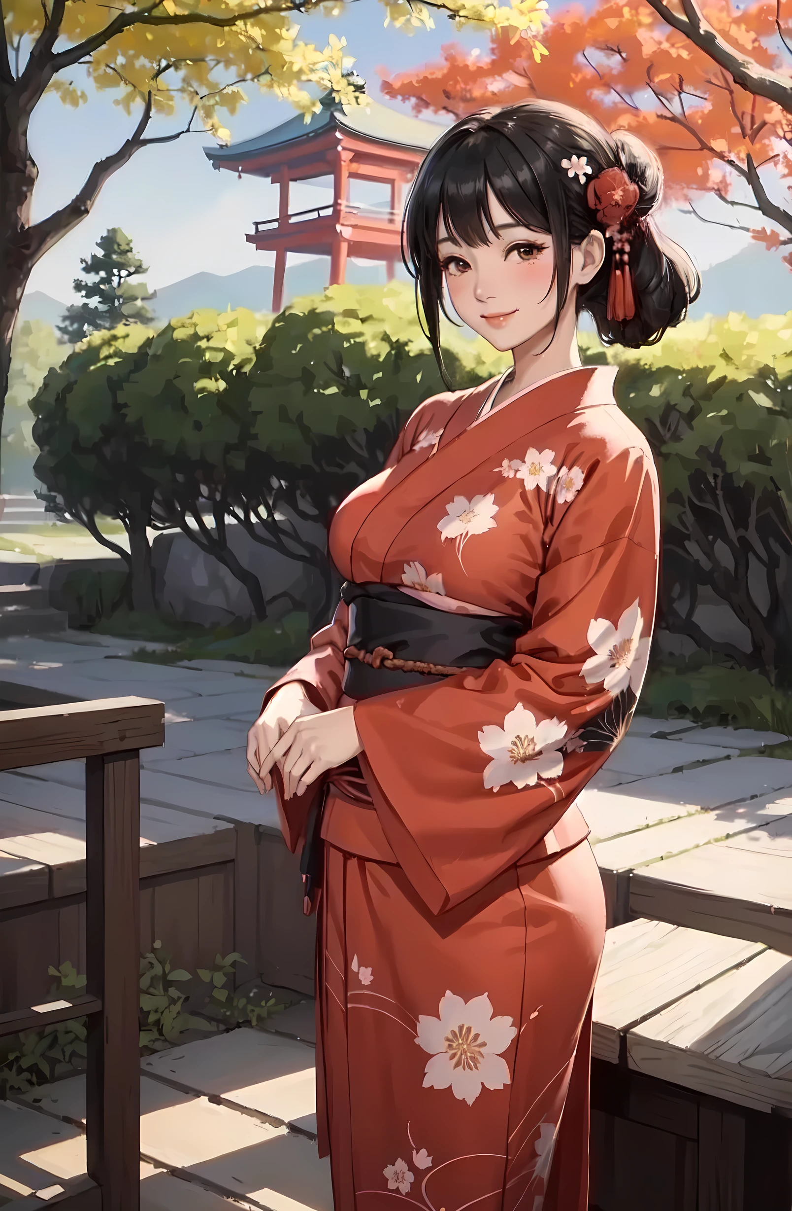 1lady standing, (red yukata floral), (mature female:0.8), /(black hair/) bangs, blush kind smile, (masterpiece best quality:1.2) delicate illustration ultra-detailed, large breasts BREAK (garden of Kyoto) outdoors, trees autumn foliage, detailed background