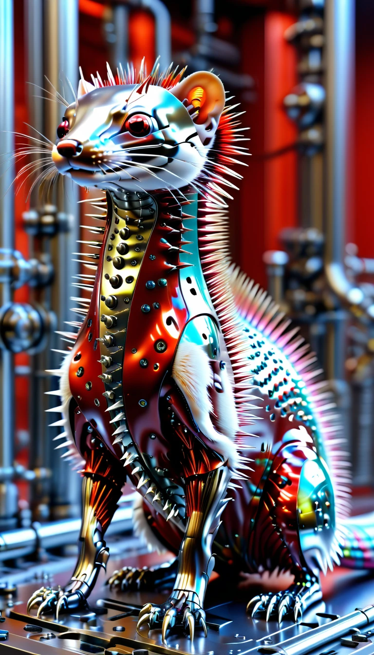 There is no one, Reality Photos, Reality Photos, Realistic photo of a weasel-like creature, spikes, multi-colored shiny fur, strange and, Surreal and, the other world, A robotic factory with a shiny assembly plant, intricate details, very sharp, Sophisticated details, Flawless composition, vivid colors, masterpiece, futuristic, metal decoration, The shiny red interior is empty., polished, ray tracing