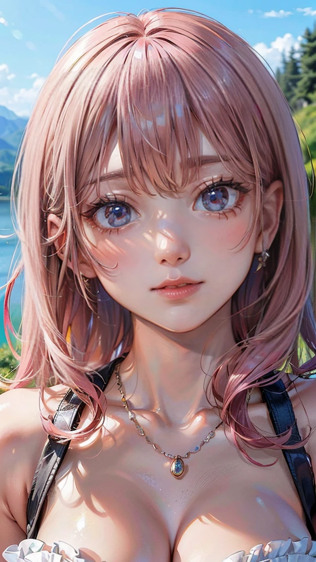 (Masterpiece, BestQuality:1.3), (ultra detailed:1.2), (hyperrealistic:1.3), (RAW photo:1.2), High detail RAW color photo, professional photograph, (Photorealistic:1.4), (realistic:1.4), professional lighting, perfect ???????, (???????????:1.2), (blush, detailed face), (Giddy Smile:1.8), Trending Hair&Trending Hairカラーをランダムに, earrings, necklace, bracelet, sexly, ?????? sexly, Random ???? gravure poses, (A beautiful pink-haired woman wearing a dress、She is smiling and posing ???? while enjoying a hike to the top of a mountain.。:1.3)