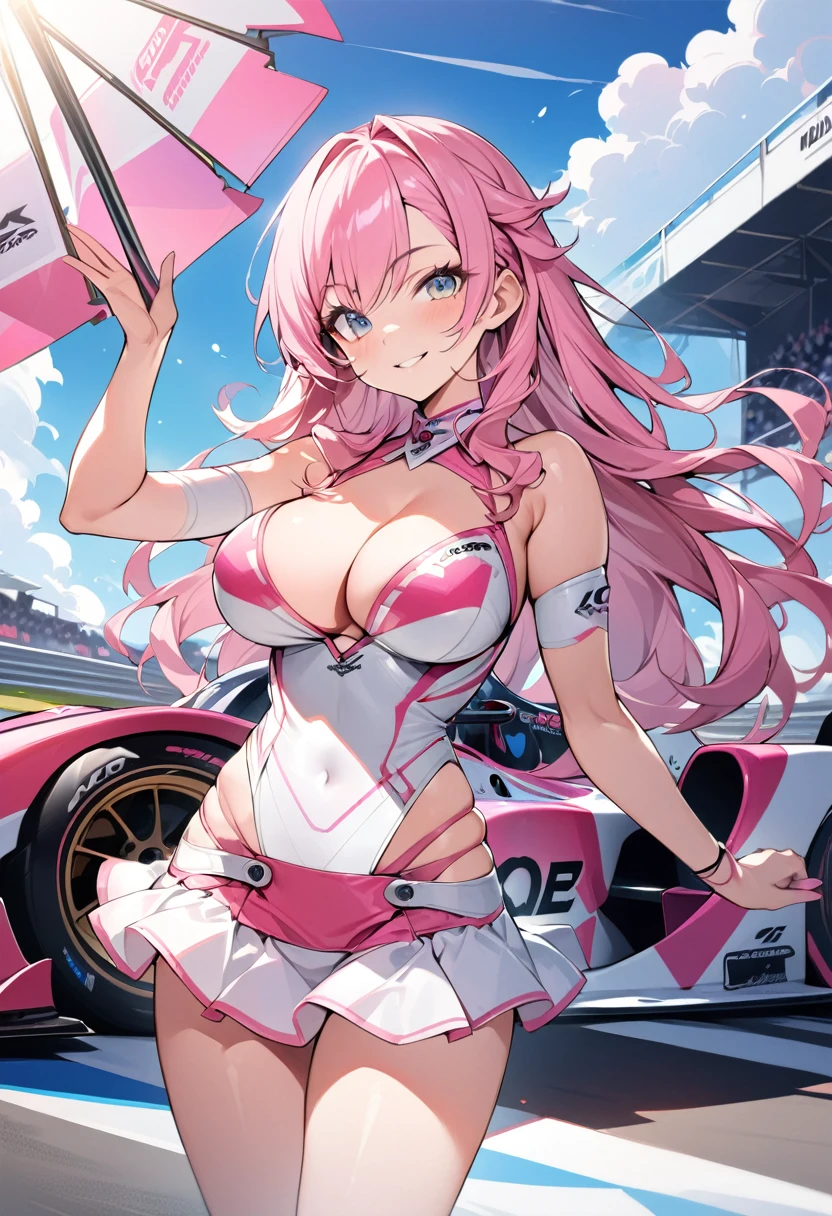 3dCG concept art,A picture of a race queen striking a dynamic pose in front of a racing car.The race queen is a girl, about , with long pink hair and waves.beautiful hair color, pink bikini type outfit and white pareo,I can clearly see the cleavage, many sponsor logos, and patterns with holographic effects.(she is posing with a parasol stuck into the ground like a cane1.5).(The racing car is mostly pink), formula car car type.Beautiful depiction of a girl smiling and cutely waving at the camera, texture of her hair Emphasis on breasts, beauty of clothes, luster and wrinkles, etc., vivid colors, digital painting,( cowboy shot) , (ultra-high resolution, high-definition image 4K,8, best quality:1.2)ultra-definition