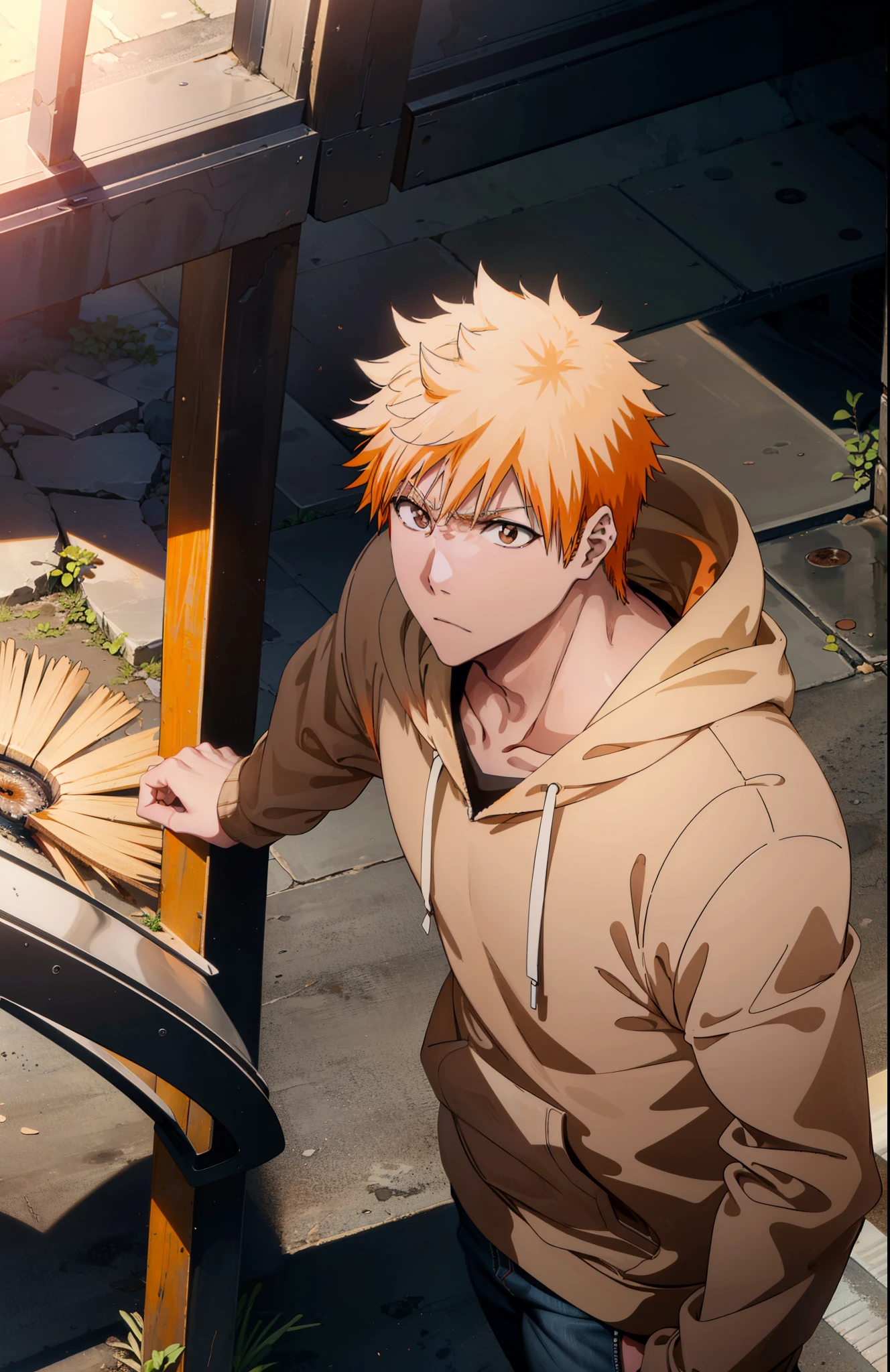 Ichigokurosaki, Ichigo Kurosaki, short hair, Orange Hair, Spiked Hair, (Brown eyes:1.5),
Oversized black hoodie,jeans,White sneakers,Walking,whole bodyがイラストに入るように,Daytime,Cold Sky, He has his hands in his hoodie pockets.,
break looking at viewer, whole body,
break outdoors, Building district,
break (masterpiece:1.2), Highest quality, High resolution, unity 8k wallpaper, (figure:0.8), (Beautiful attention to detail:1.6), Highly detailed face, Perfect lighting, Highly detailed CG, (Perfect hands, Perfect Anatomy),