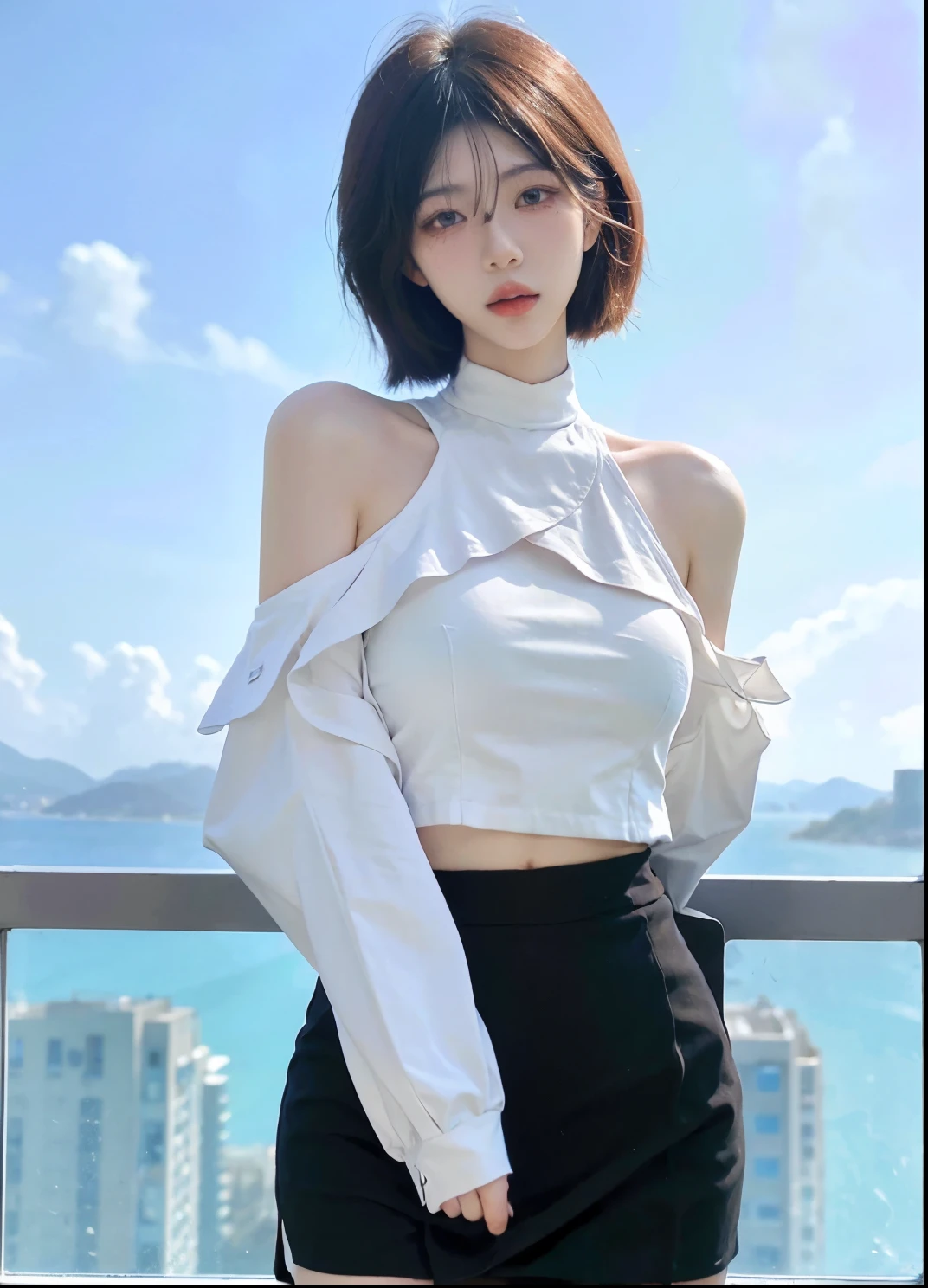 Beautiful woman with perfect figure:1.4，Ultra-high resolution，Blue sky background，（Realism:1.4)，Layered hairstyle，White skin，JK:1.5，Super short pleated skirt，whole body：1.4，Very delicate and skin texture，Double eyelids，Skin Whitening，Long hair，White hair
