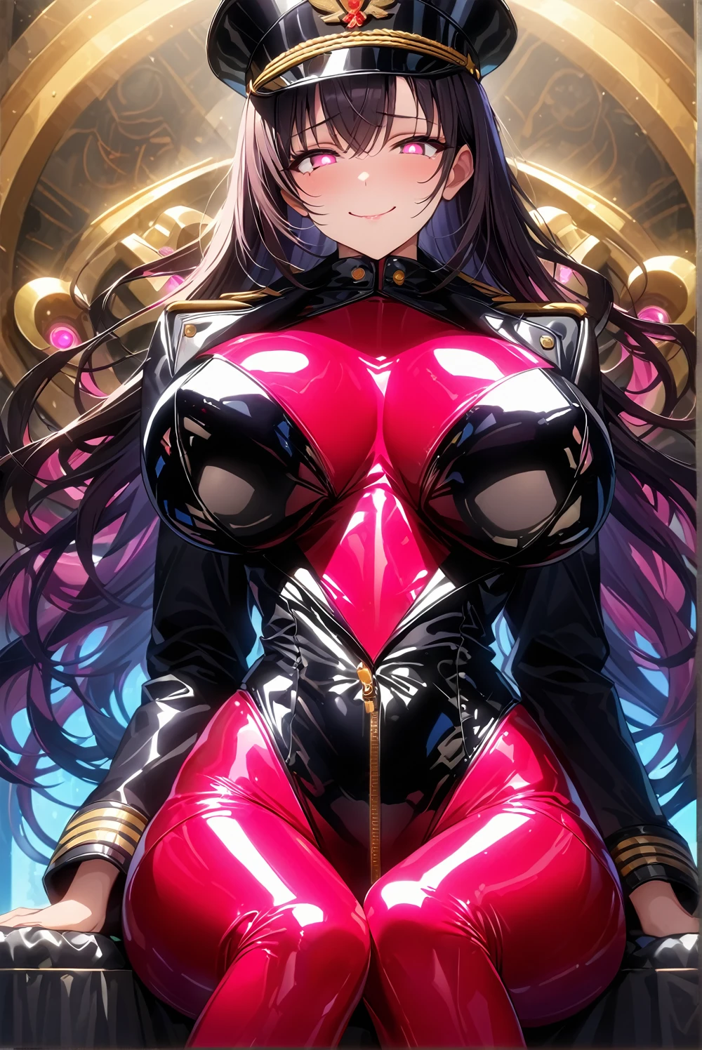 masterpiece, best quality, 1lady,black hair,long hair,glowing eyes, (finely detailed empty pupils and detailed face),,,,extremely detailed picture unity 8k wallpaper,solo,( military costume:0.9),, smile,military hat, thighhigh,,black hair,pink eyes,black leotard,pantyhose,military coat,enamel suits,grossy lips,sitting, shot,sadistic smile