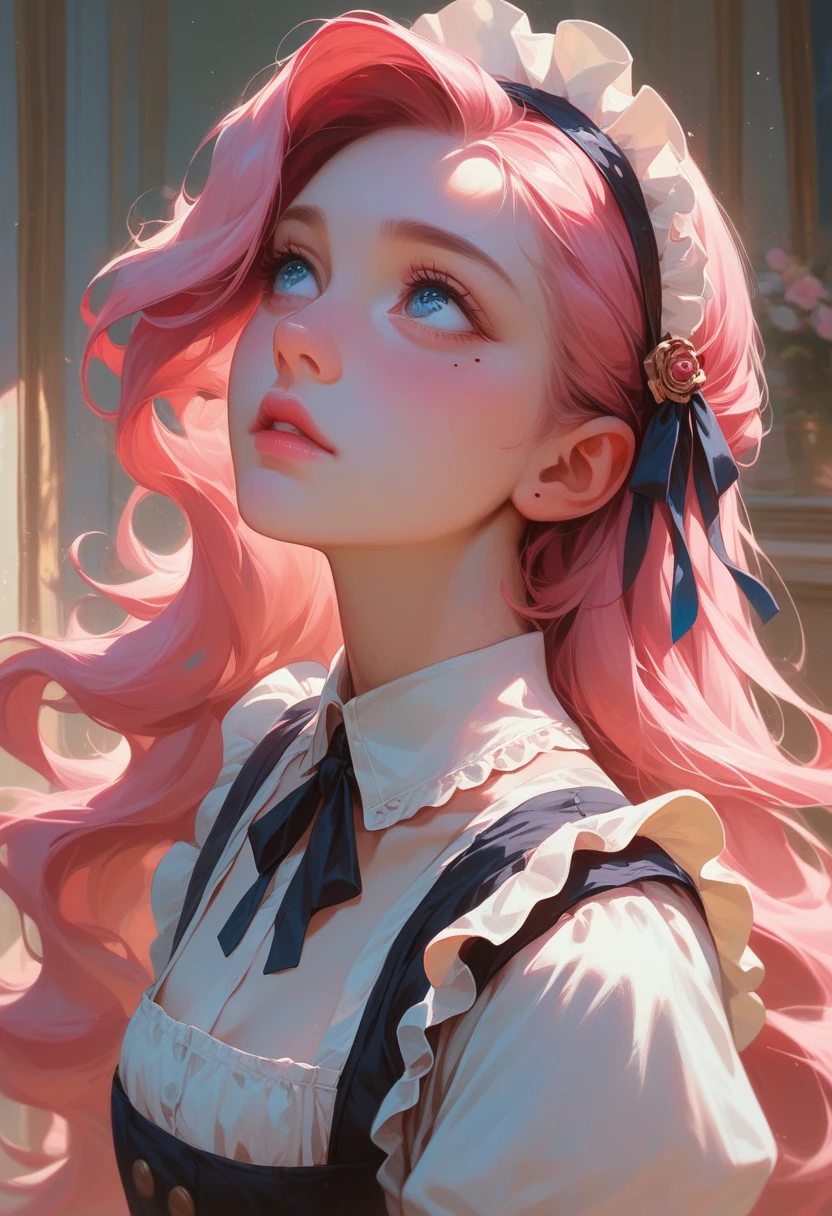 best quality, masterpiece,pink long hair, blue eyes,maid clothes, looking up and looking right, upper body,hair strand,Fair skin, a mole under left eye,  pink lips, a  around 