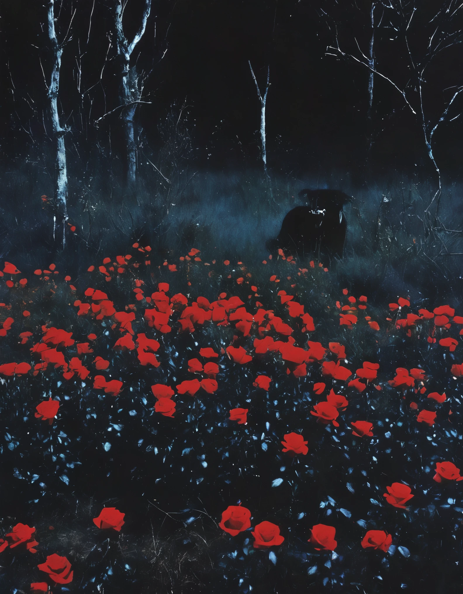 film photography, vintage, long view of red roses field with silhouette of horror, blue dark forest night background