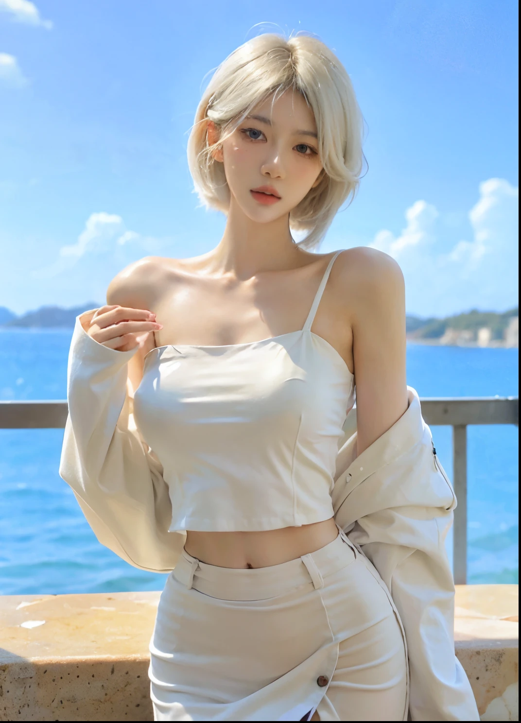 Beautiful woman with perfect figure:1.4,Desert Background,Desert Background,Ultra-high resolution,Seductive laughter,wear glasses,(lifelike:1.4),Layered Hairstyle,White皮肤,Super short pleated skirt,whole body,Very delicate face and skin texture,Double eyelids,Skin Whitening,Long hair,White hair,White,
