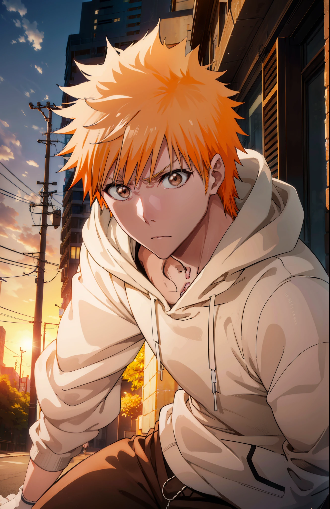 Ichigokurosaki, Ichigo Kurosaki, short hair, Orange Hair, Spiked Hair, (Brown eyes:1.5),
Oversized black hoodie,jeans,White sneakers,Walking,whole bodyがイラストに入るように,Daytime,Cold Sky, He has his hands in his hoodie pockets.,
break looking at viewer, whole body,
break outdoors, Building district,
break (masterpiece:1.2), Highest quality, High resolution, unity 8k wallpaper, (figure:0.8), (Beautiful attention to detail:1.6), Highly detailed face, Perfect lighting, Highly detailed CG, (Perfect hands, Perfect Anatomy),