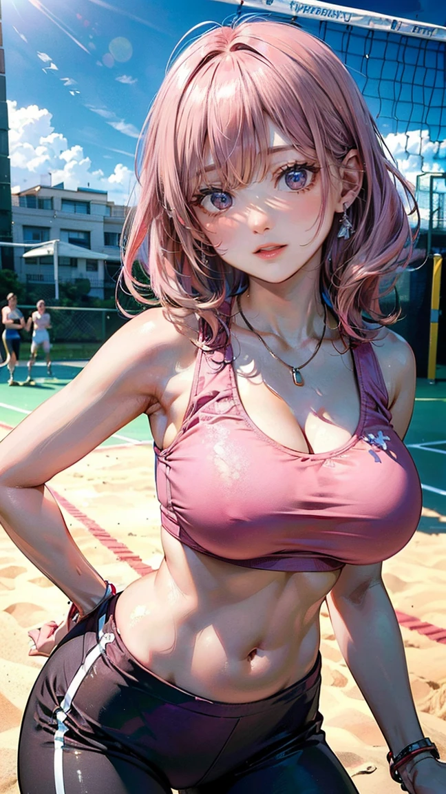 (Masterpiece, BestQuality:1.3), (ultra detailed:1.2), (hyperrealistic:1.3), (RAW photo:1.2), High detail RAW color photo, professional photograph, (Photorealistic:1.4), (realistic:1.4), professional lighting, perfect anatomy, (Big Breasts:1.2), (blush, detailed face), (Giddy Smile:1.8), Trending Hair&Trending Hairカラーをランダムに, earrings, necklace, bracelet, sexly, erotic sexly, Random sexy gravure poses, (A pink-haired beauty wearing a sports bra and leggings、Smiling and posing sexy on the beach volleyball court。:1.3)