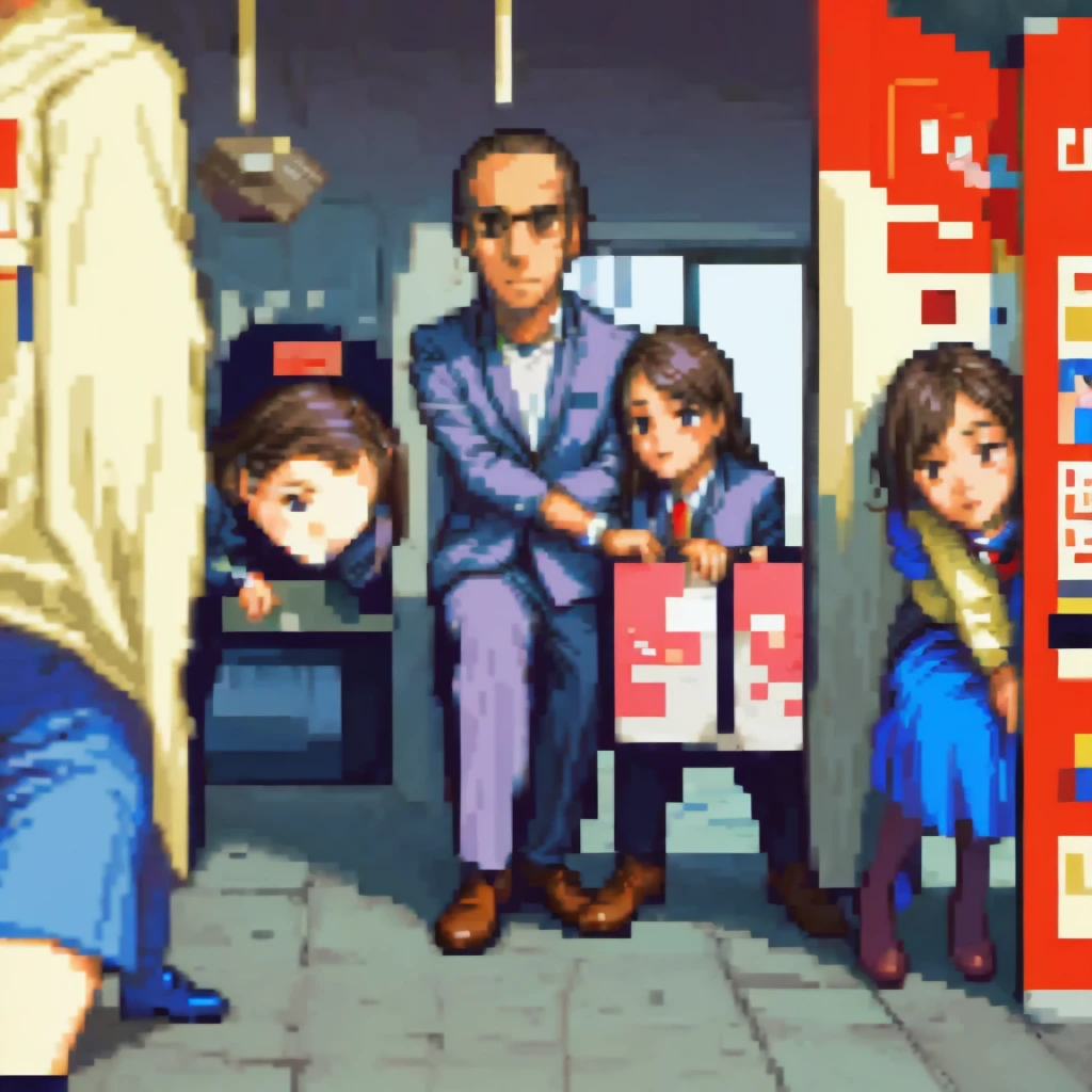 (pixel art_1.1)1female students,Composition from the front,a girl is Sitting and sleeping on the train,standing on Young man,middle-aged Multiple Salaryman,One of them office worker is reading a newspaper,pixel art,8bit,NES,