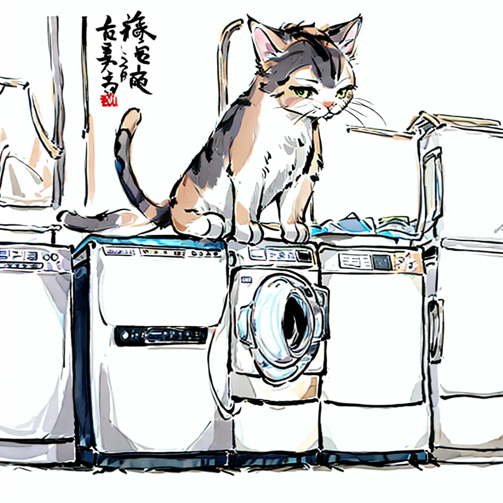 A cat looking at a washing machine with no background