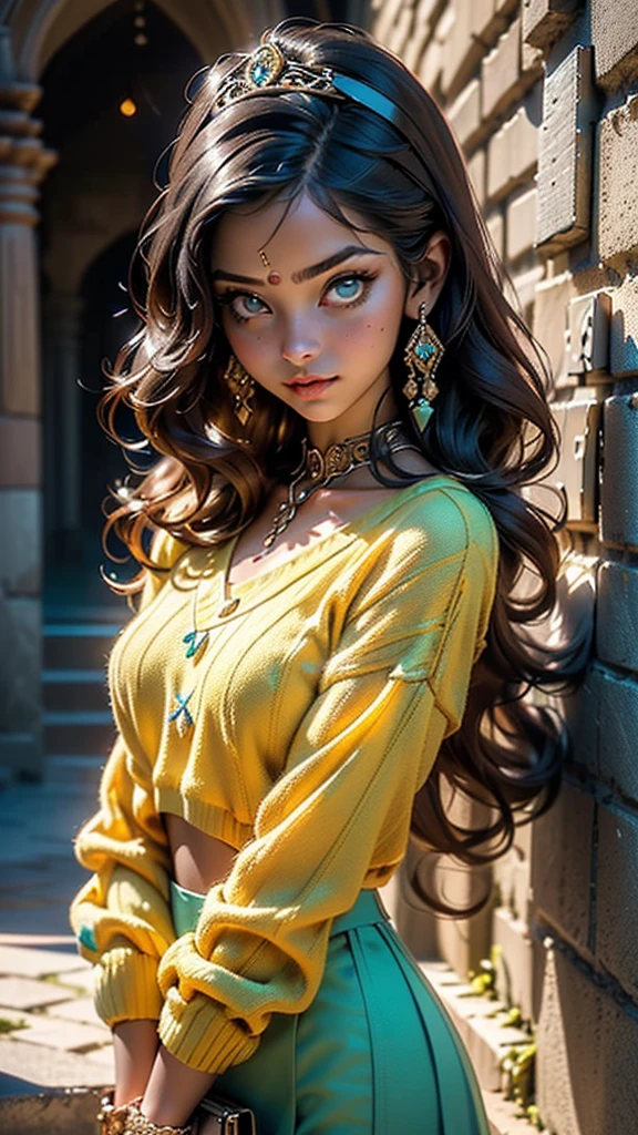 cute loli,(((little loli,tiny little body,little,chibi))),(baby face),(round face),(little chest),(big forhead:1.2),(anime loli with extremely cute and beautiful black hair)),

((((indian girl)))),(((flat chest))),((((black hair:1.35,messy hair,colored inner hair,absurdly long unkempt hair,dark hair,black hair,very long hair,voluminous hair,Thick hair,Dense hair,long hair)))),(((turquoise_eyes:1.3))),intricate eyes,beautiful detailed eyes,symmetrical eyes,big eyes:1.5,(((lustrous skin:1.5,bright skin: 1.5,skin tanned,shiny skin,very shiny skin,shiny body,plastic glitter skin,exaggerated shiny skin,illuminated skin))),(detailed body,(detailed face)),

(cute,kawaii,(nsfw)),

navel,(((modern princess,yellow diadem,yellow fur sweater, yellow fur sweater outfit, wearing a yellow fur sweater:1.3,yellow winter sweater))), ((skirt)),(arabian clothes,with little gold clothing,((((furry edge clothing)))),(arabian jewelry,intricate necklace),(((slave collar,Long chain leash connected to her collar,shackles))),(((torn clothes:1.1,intricate outfit,intricate clothes,embroidered outfit,ornate outfit))),

(dynamic pose:1.0),embarrassed,(centered,scale to fit dimensions,Rule of thirds),

inside,indoor,((subsurface,labyrinth,dungeon,dark dungeons,stone walls, deep empty caves,ancient glowing crystals,elaborate underground structure,columnar crystal formations,subterranean fantasy,illuminated pathways leading deeper,hidden door veiled in shadows)),scenery:1.25,((intricate scenery)),

(Glossy glowing ornaments),highres,sharp focus,(ultra detailed,extremely detailed),(photorealistic artwork:1.37),(extremely detailed CG unity 8k wallpaper),(((vibrant colors,vibrant theme))),(intricate),(masterpiece),(best quality),artistic photography,(photography taken by sldr),(intricate background),perfect rendered face,perfect face details,realistic face,photo realistic,((intricate detail)),(((realism))),

