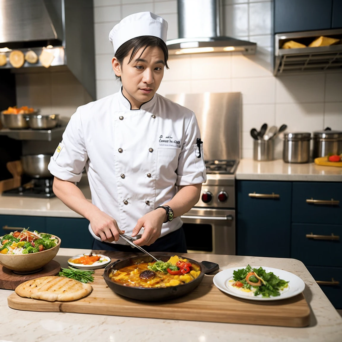 Generates an image of chefs in the kitchen showing their recipes and various dishes