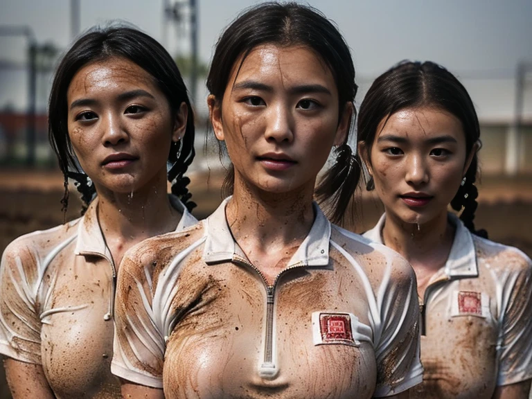 (A plain white short sleeved, very  half zip, soiled gym uniform:1.7)、(A large, dirt-stained, white, square collar: 1.6)、(Red clay ground:1.5)、My hair is wet and messy、(Beautiful Japanese woman covered in dirt:2.2)、Highest quality, masterpiece, Ultra-high resolution, Photorealistic, Raw Photos,Detailed face,(Muscular woman:1.4), (Fastener open: 1.8), (Upper body zoom up:1.0),(Everyone wears the same clothes:1.0), (buruma: 1.8), All members are super beauties, (Three beautiful Japanese women standing there: 1.7), (Hair tied up: 1.4), (Gentle expression:2.0), Bright photo, (My whole body was soaked with sweat and covered in mud.: 1.5), (Whole body covered with soil: 1.5)
