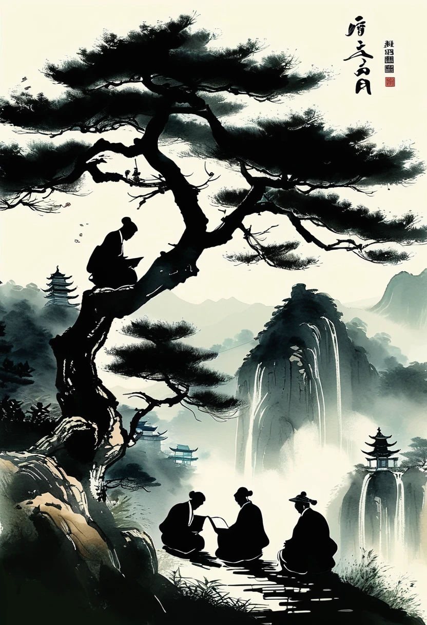 Ink painting, Chinese ink style, modern style, watercolor style, dyeing, black and white art, minimalist, 8K, ultra-fine detail, hyper-realistic, masterpiece, best quality.
In a serene mountain forest during the day, an elderly wise man sits beneath a grand ancient tree, holding a book of poetry. A group of students gather around the wise elder, eagerly asking questions and seeking knowledge. The scene is imbued with the tranquility and depth of traditional Chinese culture. Delicate ink strokes and subtle watercolor hues capture the timeless beauty of nature and the profound connection between teacher and students, evoking a sense of harmony, wisdom, and the pursuit of enlightenment.