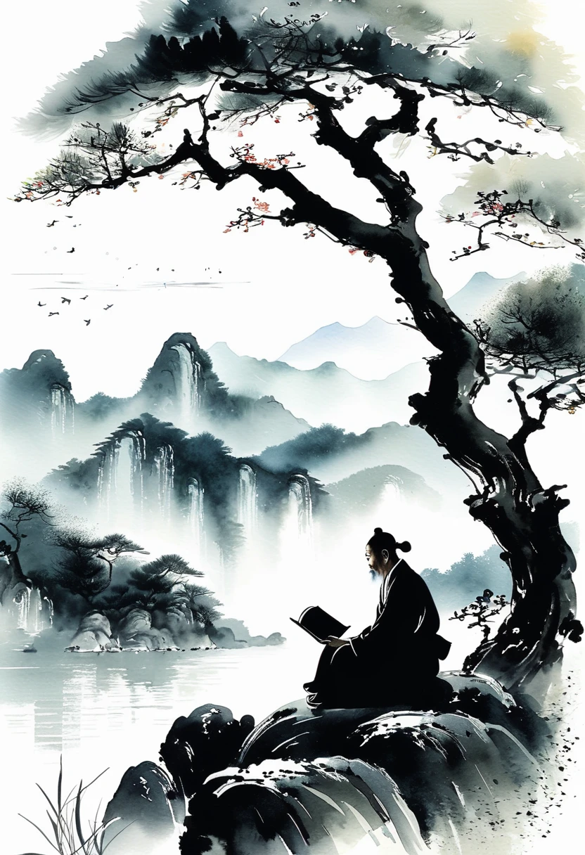 Ink painting, Chinese ink style, modern style, watercolor style, dyeing, black and white art, minimalist, 8K, ultra-fine detail, hyper-realistic, masterpiece, best quality.

In a serene mountain forest during the day, an elderly wise man sits beneath a grand ancient tree, holding a book of poetry. A group of students gather around the wise elder, eagerly asking questions and seeking knowledge. The scene is imbued with the tranquility and depth of traditional Chinese culture. Delicate ink strokes and subtle watercolor hues capture the timeless beauty of nature and the profound connection between teacher and students, evoking a sense of harmony, wisdom, and the pursuit of enlightenment.
