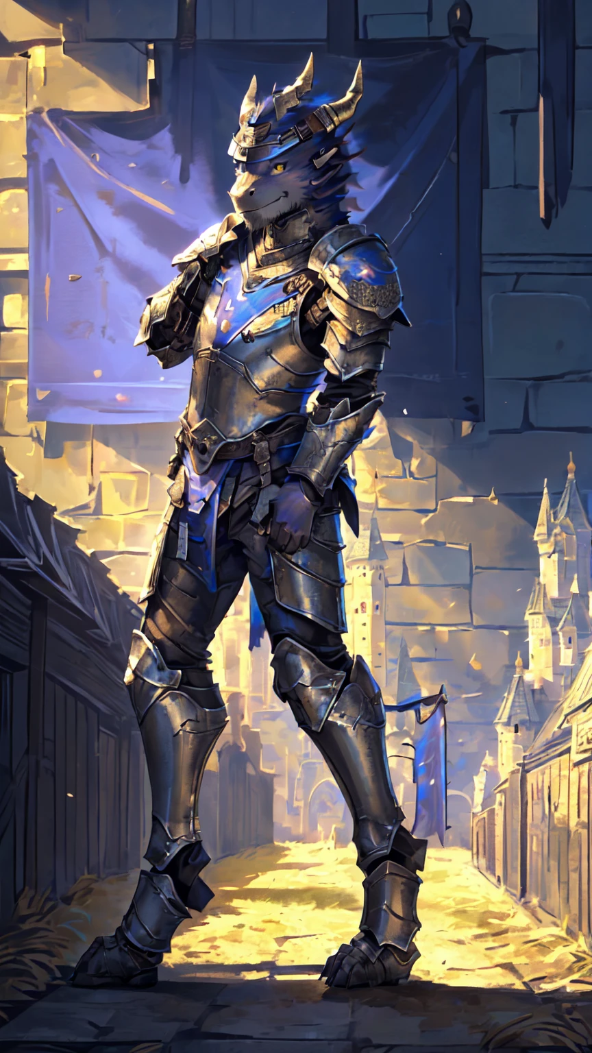 ((middle Ages:1.6,Castle Background:1.5)),((Crusu:1.6)),(Pose 1:4),Sunlight,high resolution,4K,gay,(whole body),masterpiece,high quality,Calm and calm,((dragon)),male,dragonFurry,(ager:1.3),hairy,((Stable,Handsome face:1.4)),((peaceful)),((Holding a long sword:1.3)),(((Strong body:1.4,Long legs:1.3,粗壮dragon尾:1.2))),(((Gray head:1.2,Golden pupils:1.2,White neck:1.3,Gray back of hand:1.4,White muscles:1.3))),(((White Armor:1.3,Armor has a blue banner:1.4))),Mature face,Exquisite eyes,Detailed body,Detailed hands,Detailed feet,Kenket's style