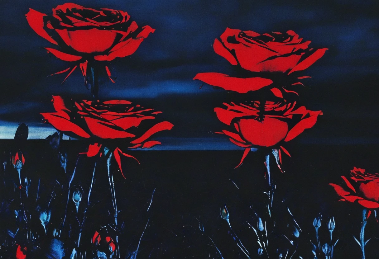 film photography, vintage, long view of red roses field with silhouette of horror, blue dark forest night background