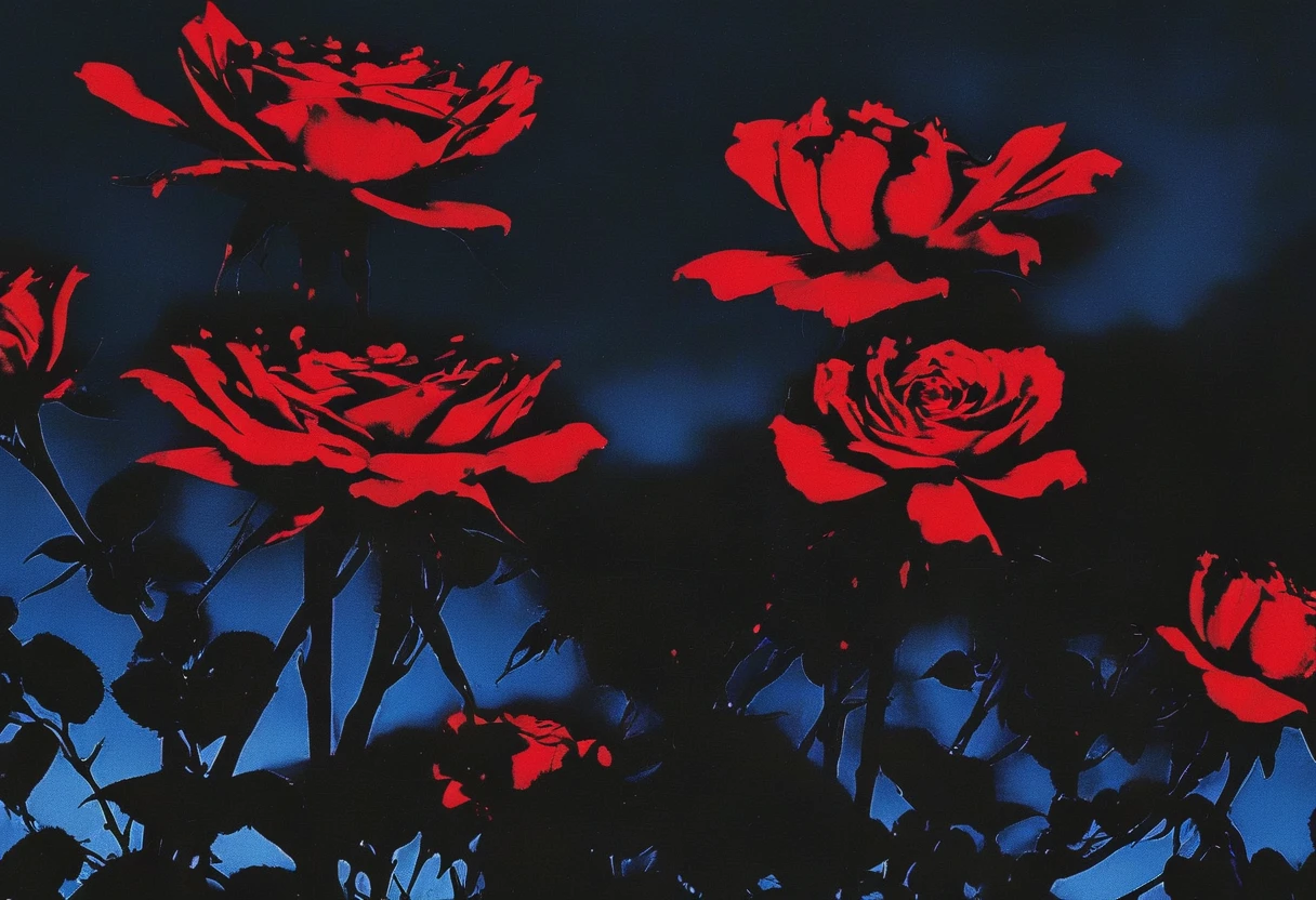 film photography, vintage, long view of red roses field with silhouette of horror, blue dark forest night background