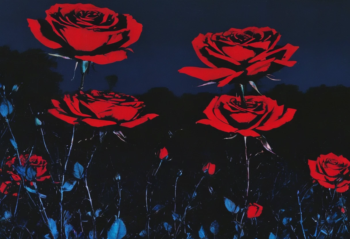 film photography, vintage, long view of red roses field with silhouette of horror, blue dark forest night background