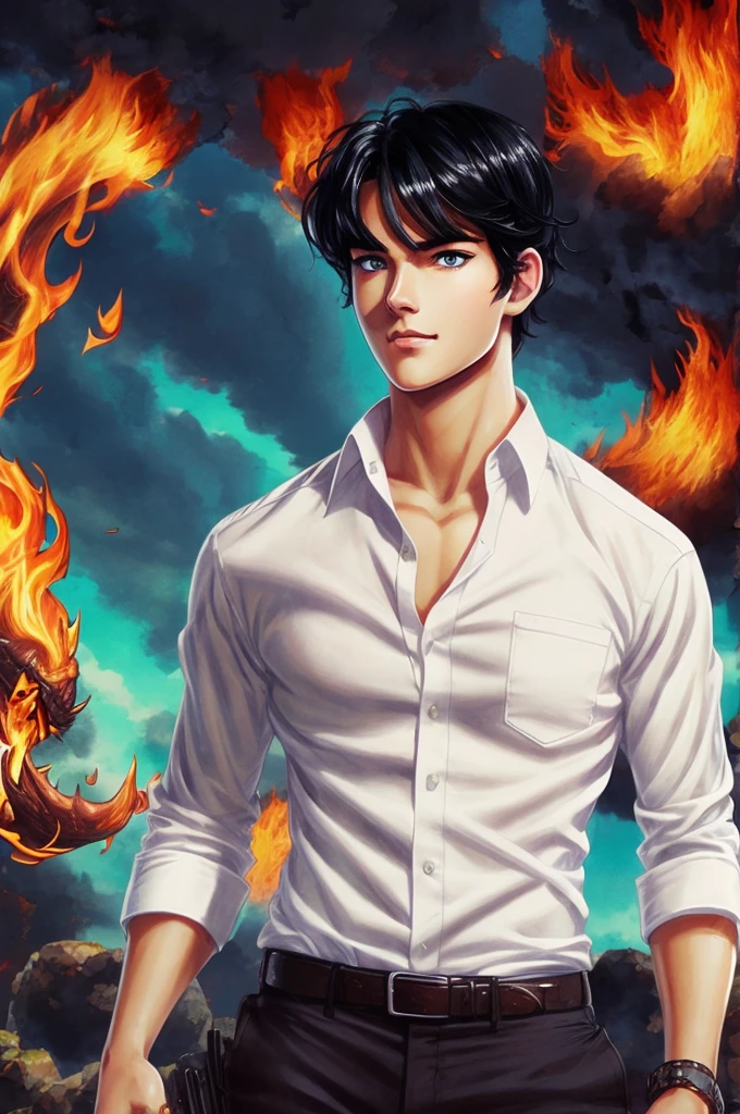 A HANDSOME GUY WEARING WHITE SHIRT, BLACK HAIR, FIERY EYES, FIERY ARMS, FIGHTING A BIG MONSTER