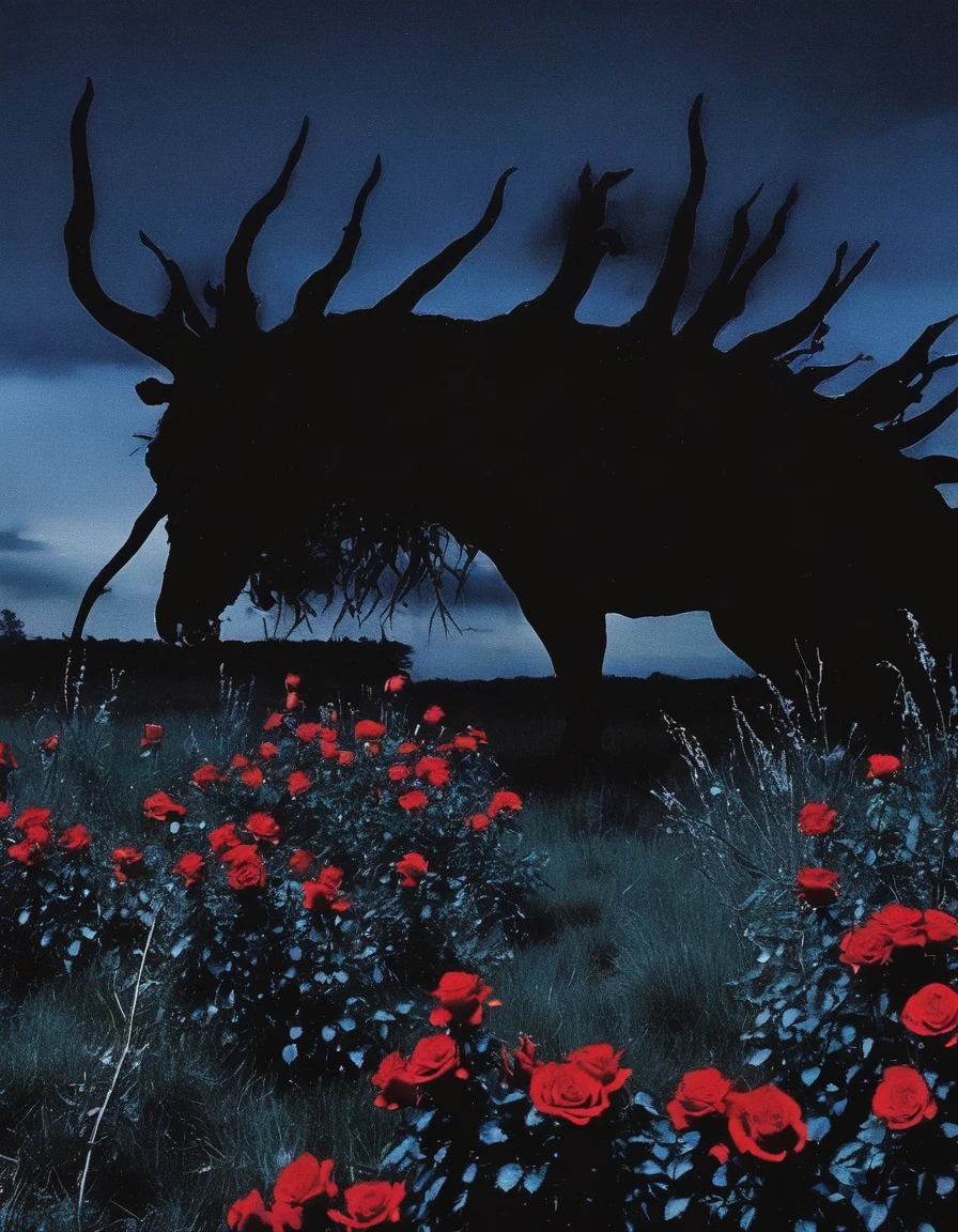 film photography, vintage, long view of red roses field with silhouette of horror, blue dark forest night background