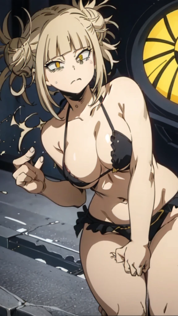 himikotoganova, (1girl, solo), blonde hair, double bun, messy hair, bangs, (perfect eyes, yellow eyes), black ??????, bags under eyes, (close mouth), ???????, looking at viewer,  pool