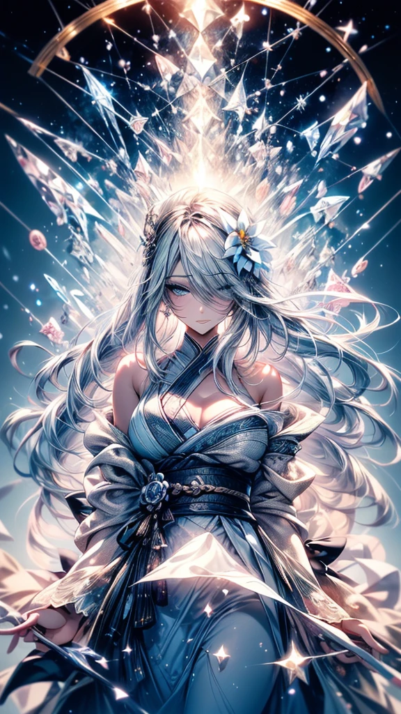 (Ultra-delicate), (Clear focus), (high resolution), Deformed depth of field blurred background, Detailed background, Perfect layer cutting, Atmospheric distance sense, (full-body shot/Cowboy shooting/Rear view/Top view/Top view), wallpaper, (((Silver hair gradient streaked light blue end))), Cute beauty face, (focus on face), Ultra-detailed facial texture, ((Clear light blue eyes)), thin eyebrows, long upper eyelashes, double eyelids, Upper Eye, High-fidelity eyes, (Super detailed eyes), and attractive lips, Richly detailed lips, White skin, delicate skin, Micro light, complicated, familiar, black magician, particle, constellation, Stardust, universe, ((flower)), comfortable peace, peaceful, Japan, Himiko, kimono, With crystal, Fortune Telling, time and space, artistic, 8K