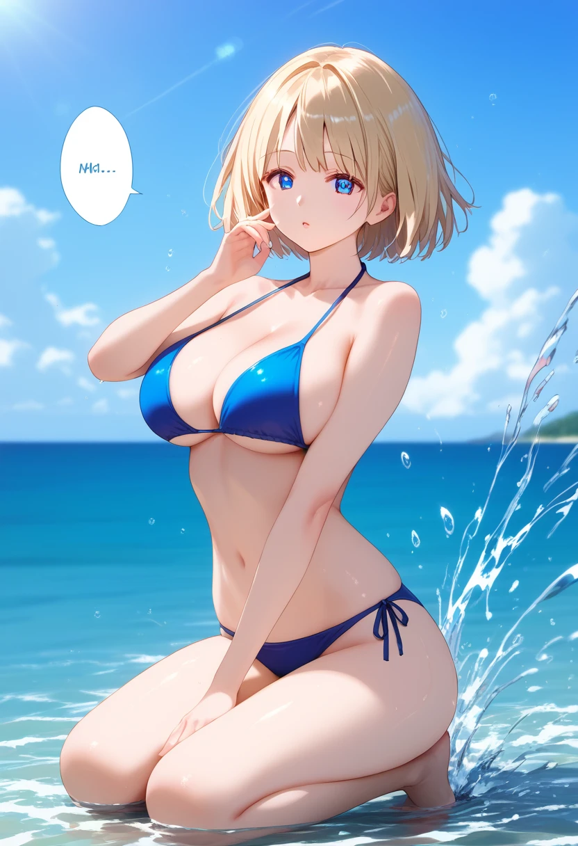 source_anime, kawaii, (((masterpiece)), ((high resolution 8K))), professional illustration, 1girl, , stunning face, symmetrical clear eyes, detailed eyes and face, detailed body, curvy, shiny skin, detailed skin, 20-year-old girl, light blonde short hair, anime blue eyes, large breasts, bikini, playing and having fun at the beach, splashing water, enjoying the sunny day, highly detailed, vibrant colors, realistic lighting, summer vibes, full body, (motion lines), (sound effects), (spoken text), score_9, score_8_up