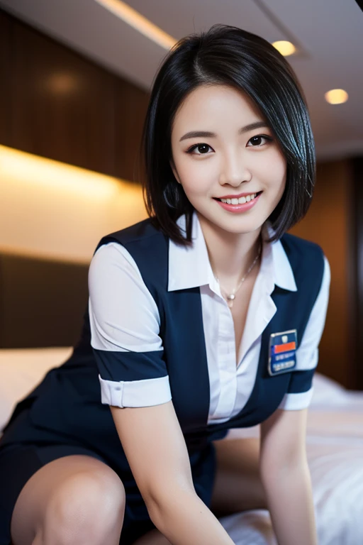 (a gorgeous lady, *** 21, Flight Attendant uniform, Shenzhen Airlines Stewardess, wet white shirt, red mini-skirt, sitting in bedroom, dimpled smile, short bob hair, wet short hair, cute snaggle-tooth, well-endowed round bosom, long flawless legs, photorealistic, beautiful detailed eyes, beautiful detailed face, hyper-realism, high contrast, ultra HD, realistic skin textures, top image quality, top-quality, super high resolution, fine details, very meticulously, close-up, head to thigh, romantic night, dark bokeh background)