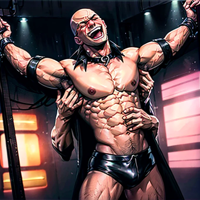 A crowded nightclub with colourful lights and several muscular handsome men wearing black leather BDSM outfits mingling and talking, one muscular naked bald man laughing at the centre of the pictures with hands tied up to the ceiling and his armpits tickled by two men, a pillory with a man restrained at the right corner