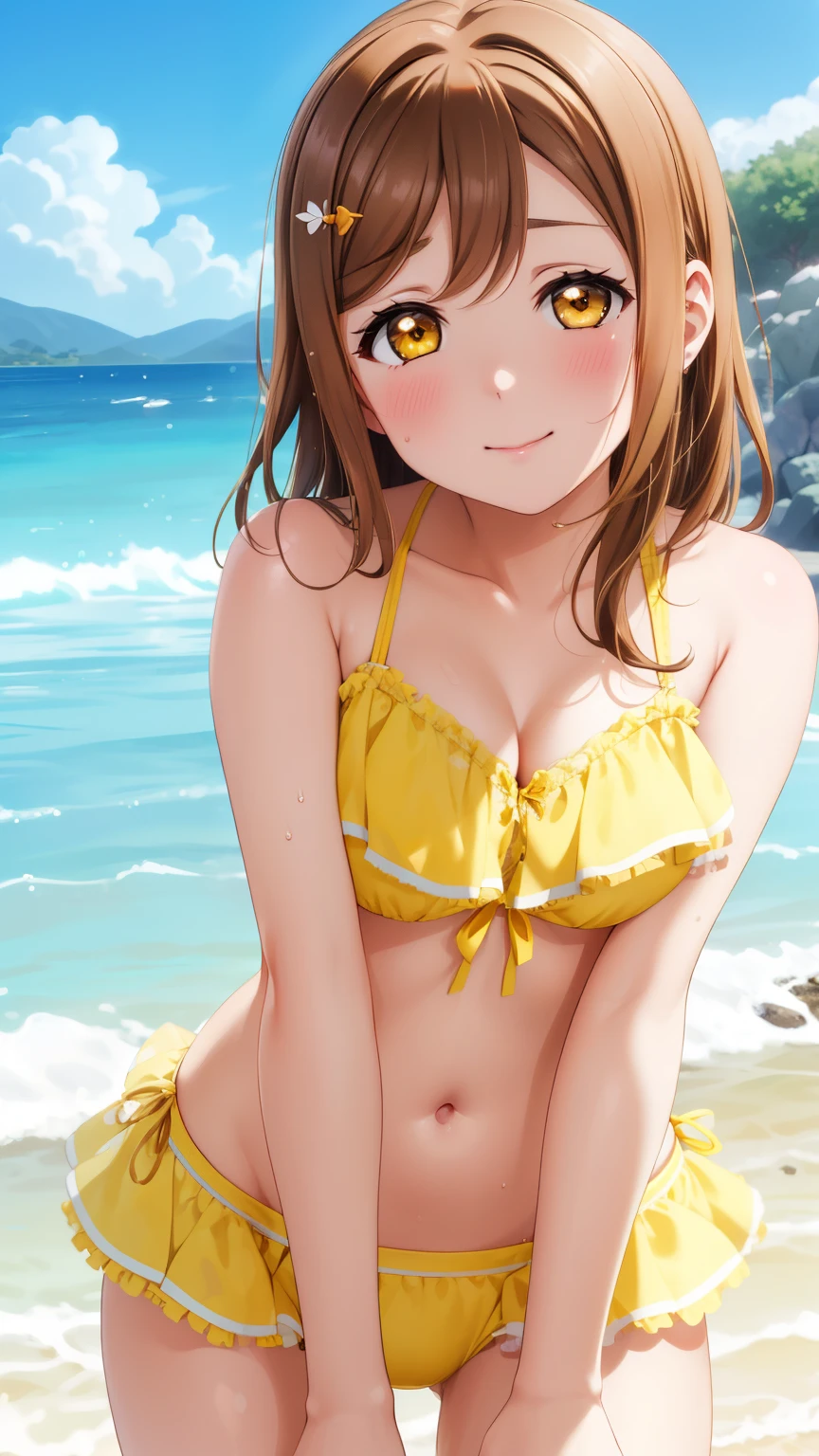 1girl, kunikida hanamaru, brown hair, yellow eyes, blush, messy hair, masterpiece, high quality, detailed body, detailed face, frilly swimsuit, beach