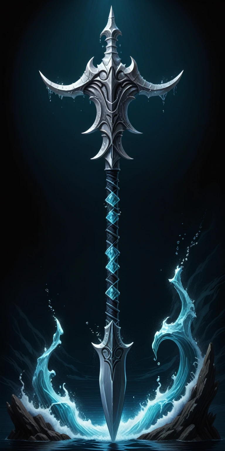 (pixel art, cartoon illustration, Ocean's Wrath trident, Water theme, simple black background, RPG game icon)