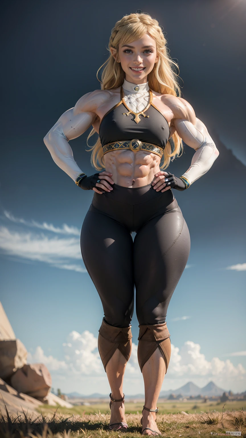 (Muscular:2.1), (thick thighs:2), 
princess_zelda_aiwaifu, (pointy ears), braid, hair ornament, hairclip, fingerless gloves, blue shirt, (halter top), long sleeves, crown braid, (blunt bangs:1.5), green eyes, sidelocks, thick eyebrows, (black pants, tight pants:1.4), (big smile:1.3), (long blonde hair:1.3), 
hard nipples, large breasts,
eyeshadow, lipstick, (midriff, abs), 
looking at viewer, (three quarter view:1.4), (upper body view:1.4),
rim lighting, detailed skin, detailed eyes, grassy field