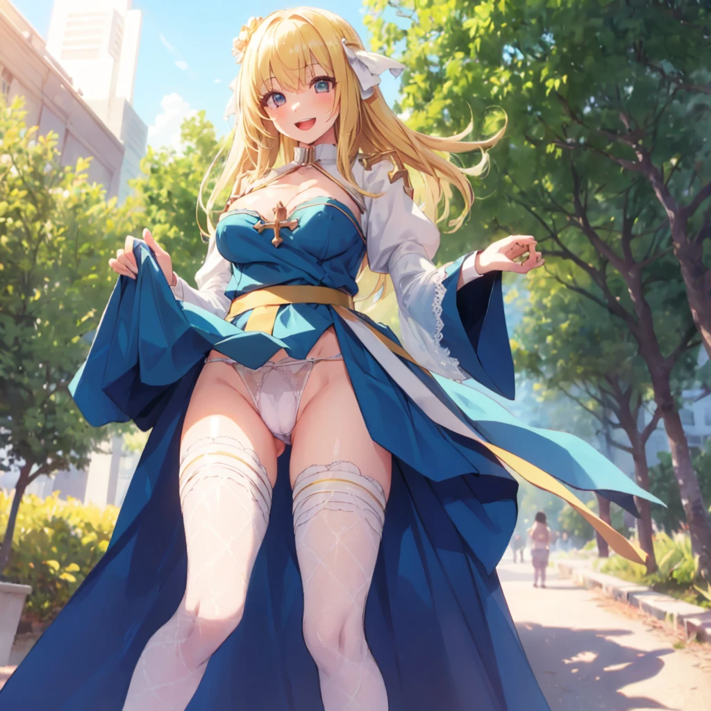 Texture CG,((Ultra Detail Art)),((master piece)),(extremely details CG),1girl,solo,ragnarokarch,nsfw,(clothes pull,lifted by self,wedgie,panty lift),gal,gyaru,beautiful breasts,slim body,slim legs,collarbones,slim and smooth lines,slim waist,small butt,(nipple slip:1.2),(from below:1.2),(ass visible through thighs),(panty shot),wind lift,(highleg panties,thong, sheer white panties,cameltoe),(White Puff Sleeves,white thigh thighs,Gold Sash,White blue dress from neck to chest,cleavage cutout,Long blue skirt with slit),((over the knee length pelvic curtain)),(Blue Wide Sleeve,(Blue Dress wedgie Front)),long hair,golden blonde hair,Curve,Beautiful detailed eyes ,gleaming skin,open mouth,smile,outsides,clear sky,in summer,windy,garden,
