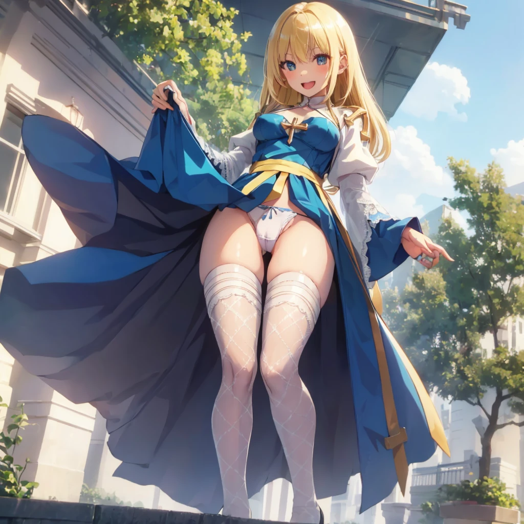 Texture CG,((Ultra Detail Art)),((​master piece)),(extremely details CG),1girl,solo,ragnarokarch,,(clothes pull,lifted by self,wedgie, lift),gal,gyaru,beautiful breasts,slim body,slim legs,collarbones,slim and smooth lines,slim waist,small butt,( slip:1.2),(from below:1.2),(ass visible through thighs),( shot),wind lift,(highleg ,, sheer white ,),(White Puff Sleeves,white thigh thighs,Gold Sash,White blue dress from neck to chest,cleavage cutout,Long blue skirt with slit),((over the knee length pelvic curtain)),(Blue Wide Sleeve,(Blue Dress wedgie Front)),long hair,golden blonde hair,Curve,Beautiful detailed eyes ,gleaming skin,open mouth,smile,outsides,clear sky,in summer,windy,garden, 