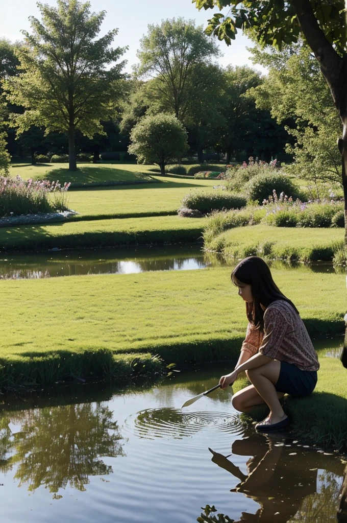 One sunny afternoon, Mia's curiosity led her to the village pond, where she stumbled upon Lucas, absorbed in sketching the pond's serene reflection.